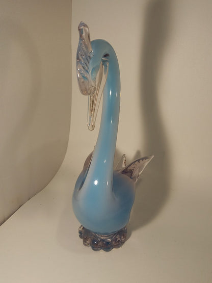 Oball Murano Glass Blue & Opalescent White Cased Glass Swan Sculpture - 9.6"