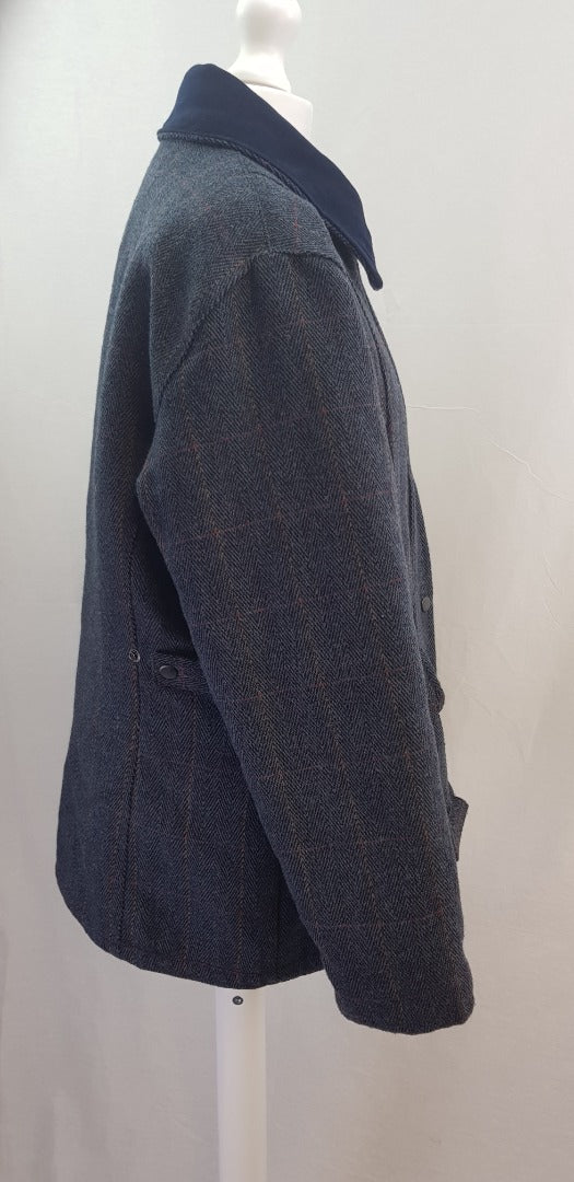 Made in England Blue Wool Mix Tweed Collared Padded Lined Jacket Size 12 VGC