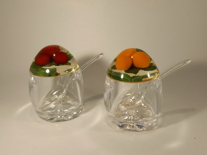 Lucite Pair of Clear Fruit Jam / Preserve Retro Vintage Pots & Spoons