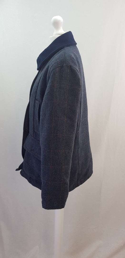 Made in England Blue Wool Mix Tweed Collared Padded Lined Jacket Size 12 VGC