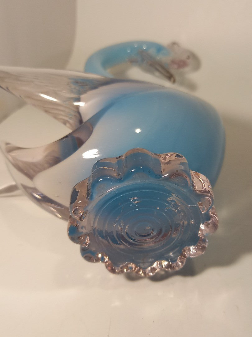 Oball Murano Glass Blue & Opalescent White Cased Glass Swan Sculpture - 9.6"