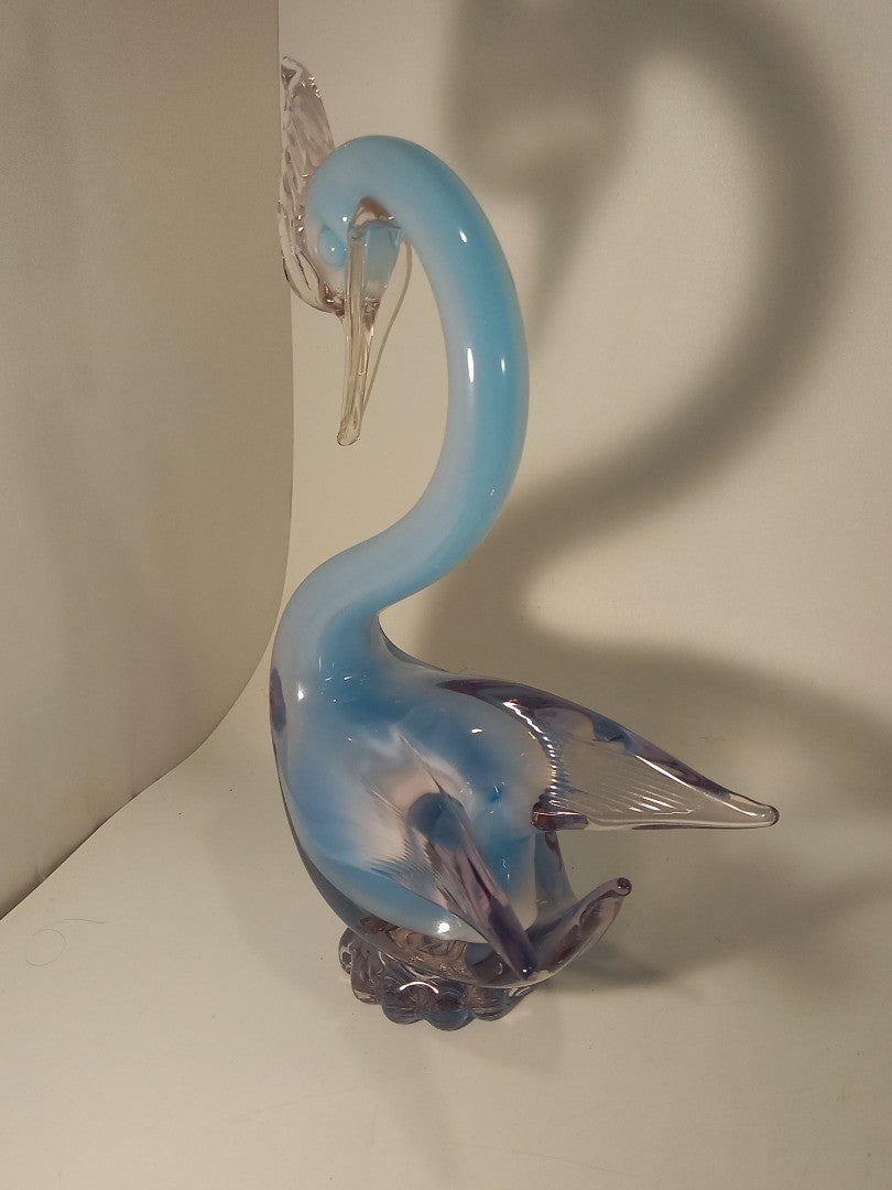 Oball Murano Glass Blue & Opalescent White Cased Glass Swan Sculpture - 9.6"