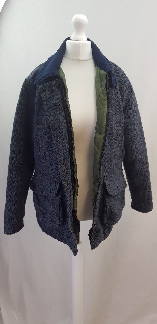 Made in England Blue Wool Mix Tweed Collared Padded Lined Jacket Size 12 VGC