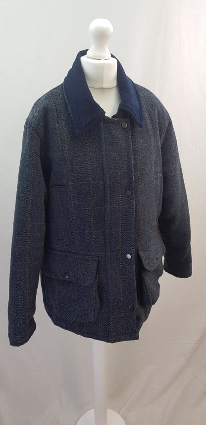 Made in England Blue Wool Mix Tweed Collared Padded Lined Jacket Size 12 VGC