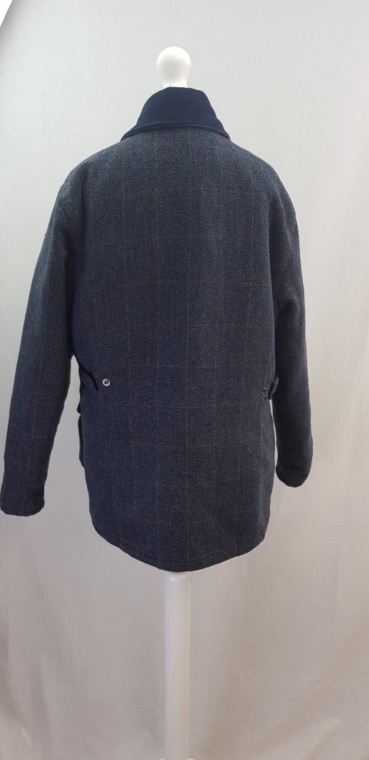 Made in England Blue Wool Mix Tweed Collared Padded Lined Jacket Size 12 VGC