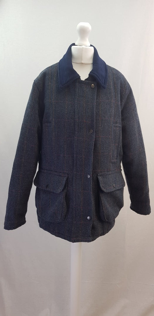 Made in England Blue Wool Mix Tweed Collared Padded Lined Jacket Size 12 VGC