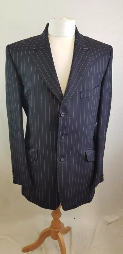 Navy Blue Pinstripe Crombie Suit Size 40 L 100% Wool