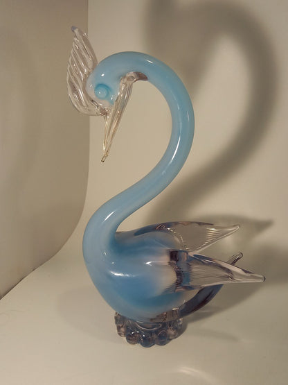 Oball Murano Glass Blue & Opalescent White Cased Glass Swan Sculpture - 9.6"