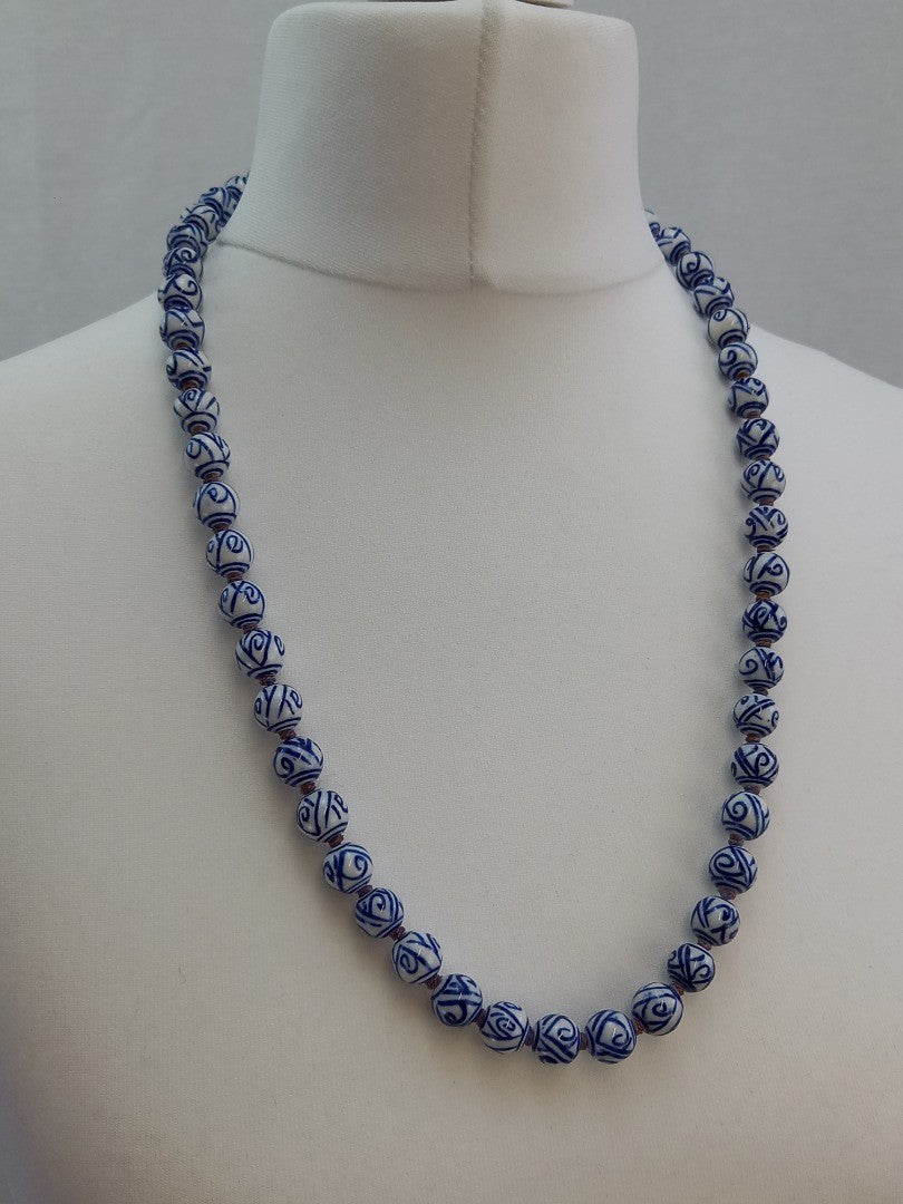 Chinese Porcelain Hand Knotted Beaded Vintage Blue & White Necklace - 25"