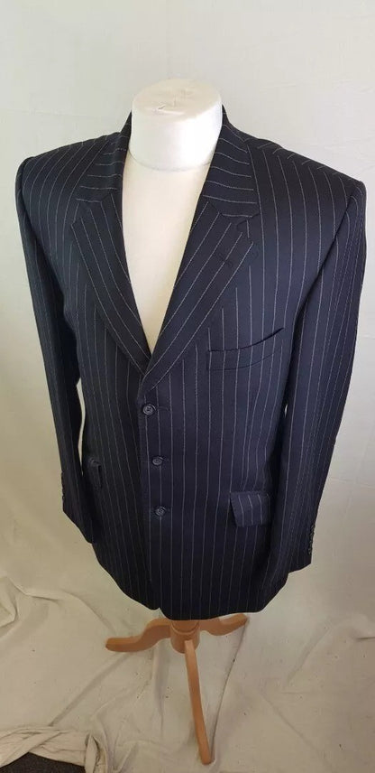 Navy Blue Pinstripe Crombie Suit Size 40 L 100% Wool