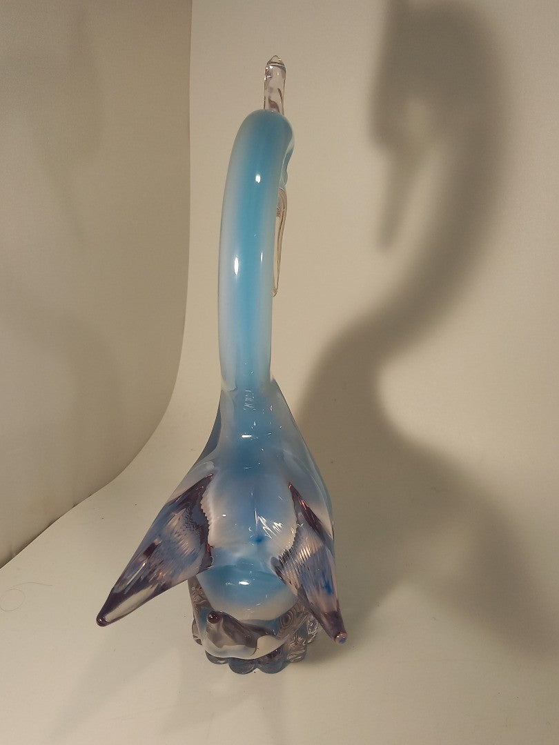 Oball Murano Glass Blue & Opalescent White Cased Glass Swan Sculpture - 9.6"