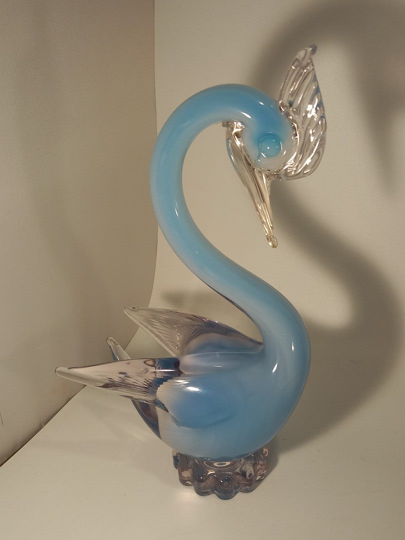 Oball Murano Glass Blue & Opalescent White Cased Glass Swan Sculpture - 9.6"