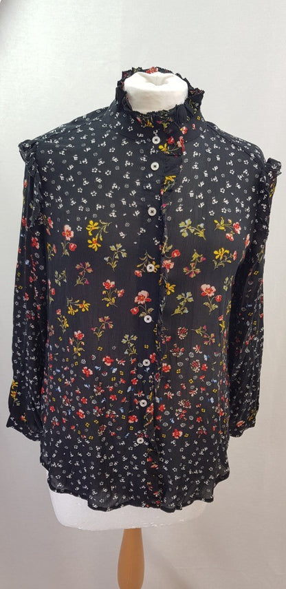 M&S Black Floral High Neck Shirt Size 6 BNWT