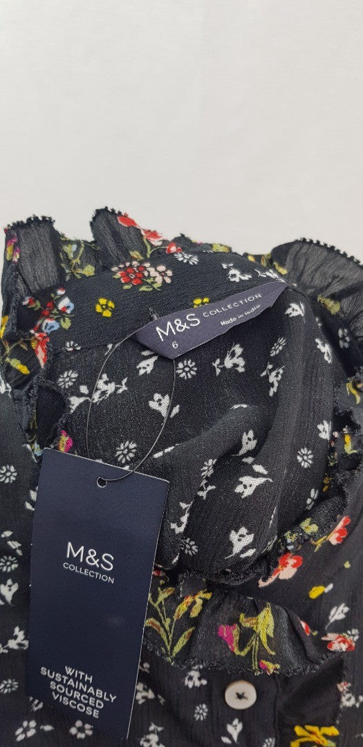 M&S Black Floral High Neck Shirt Size 6 BNWT