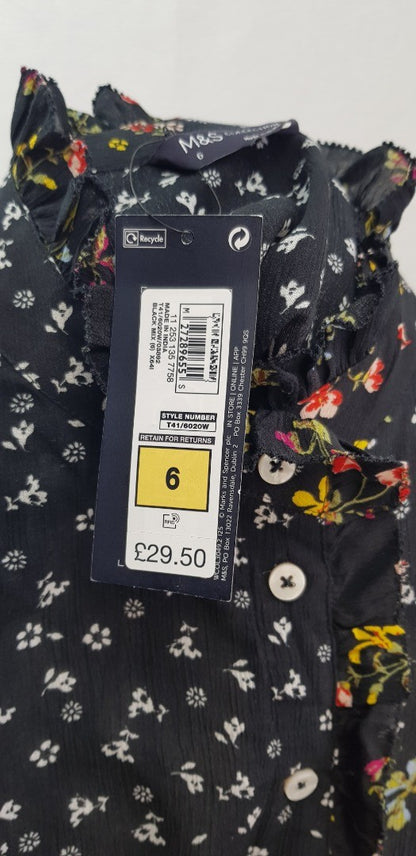 M&S Black Floral High Neck Shirt Size 6 BNWT