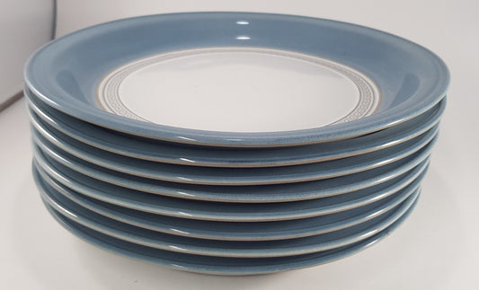 Denby Castile Blue Deep Dinner Plates 10-3/4" Set of 8 Excellent Condition