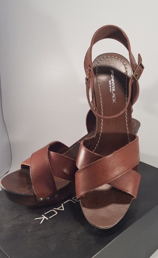 Penny Black Leather Strappy Cork Style Block Heel Sandal Size 5 Euro 38 BNIB