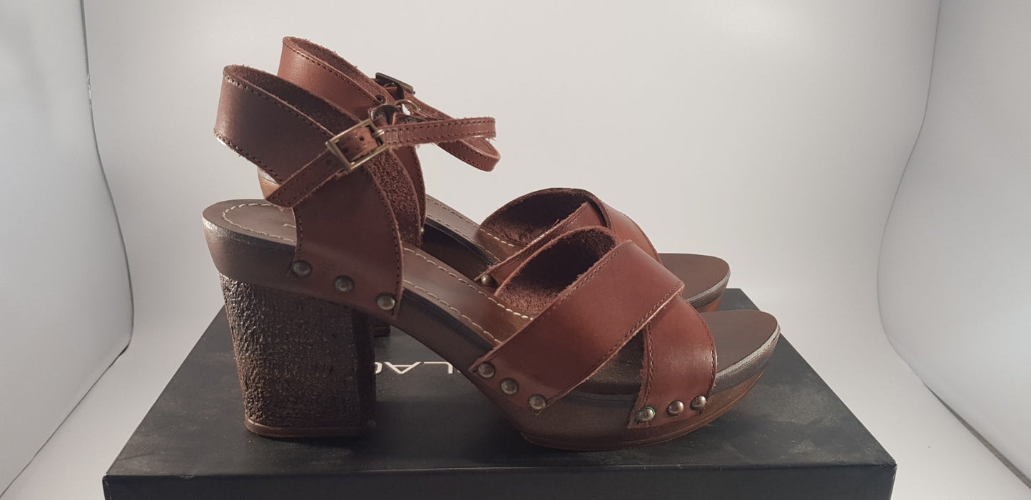 Penny Black Leather Strappy Cork Style Block Heel Sandal Size 5 Euro 38 BNIB