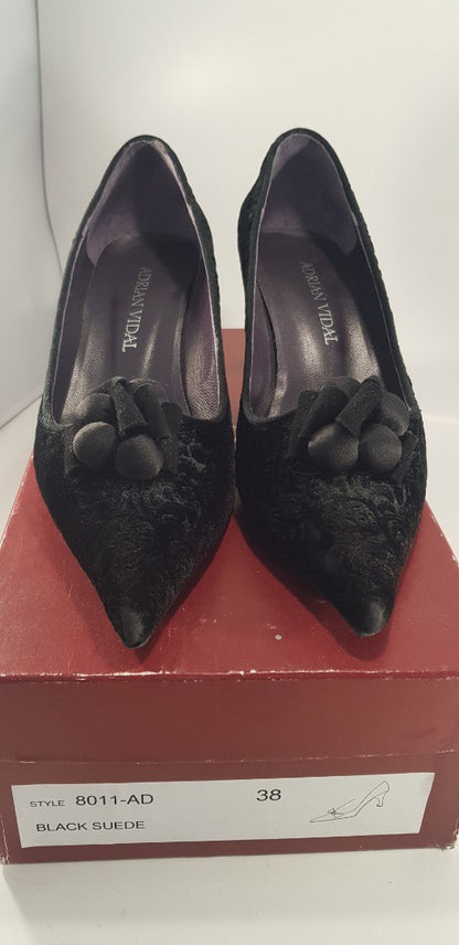 Adrian Vidal Black Velvet Low Court Shoe Size 5 Euro 38 VGC