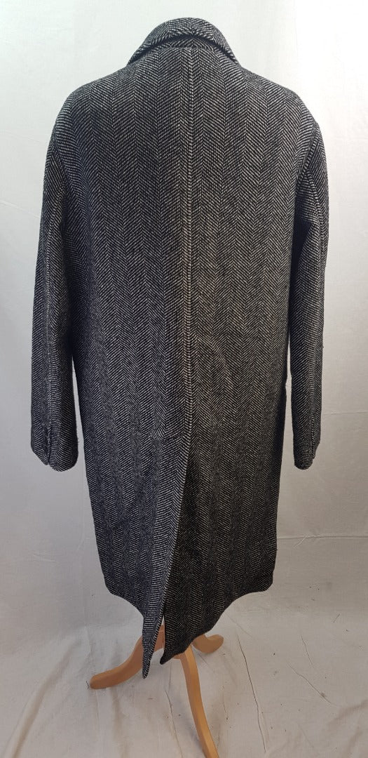 Ted Baker Black White Travers Herringbone Knee Length Wool Mix Coat Size 4 Excellent Condition