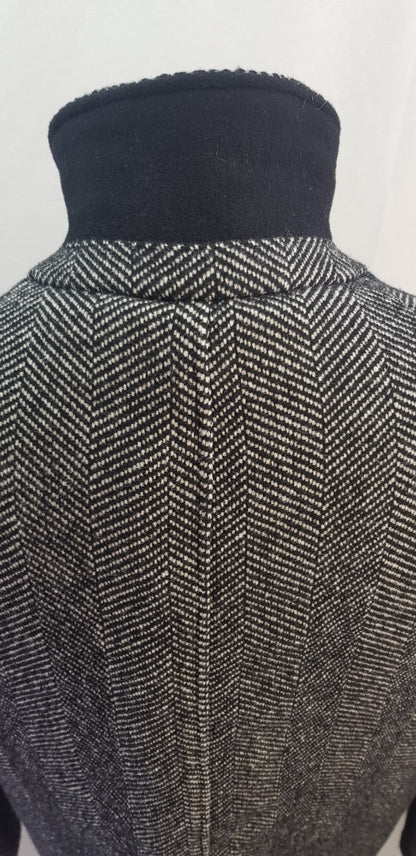 Ted Baker Black White Travers Herringbone Knee Length Wool Mix Coat Size 4 Excellent Condition