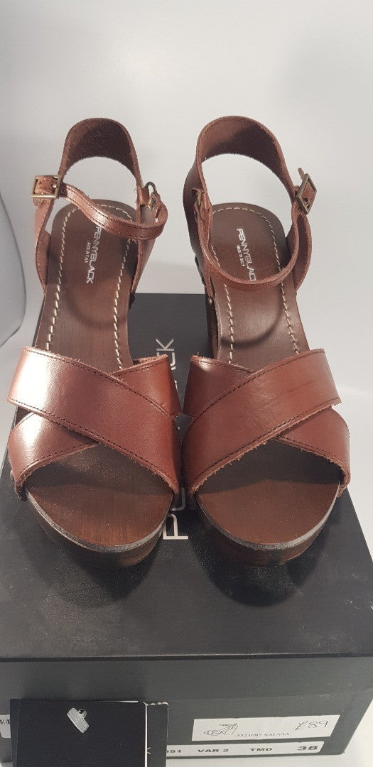 Penny Black Leather Strappy Cork Style Block Heel Sandal Size 5 Euro 38 BNIB