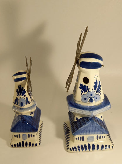 Delft Blue and White Pottery Windmills With Moving Sails - 15cm and 19cm