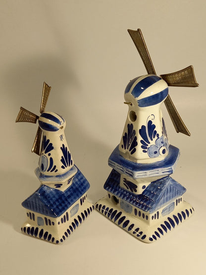 Delft Blue and White Pottery Windmills With Moving Sails - 15cm and 19cm