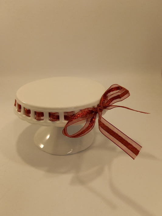 'Two's Company' Small White Cake Stand with Red Ribbon Detail 15cm