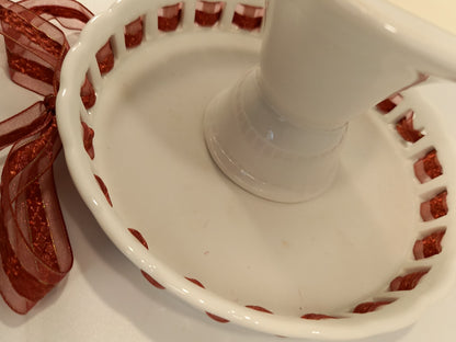 'Two's Company' Small White Cake Stand with Red Ribbon Detail 15cm