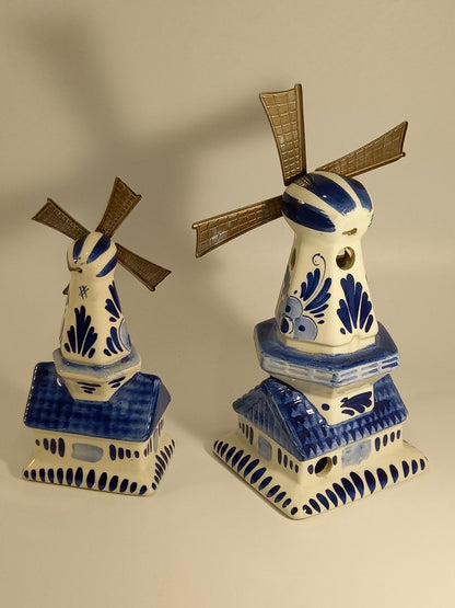 Delft Blue and White Pottery Windmills With Moving Sails - 15cm and 19cm