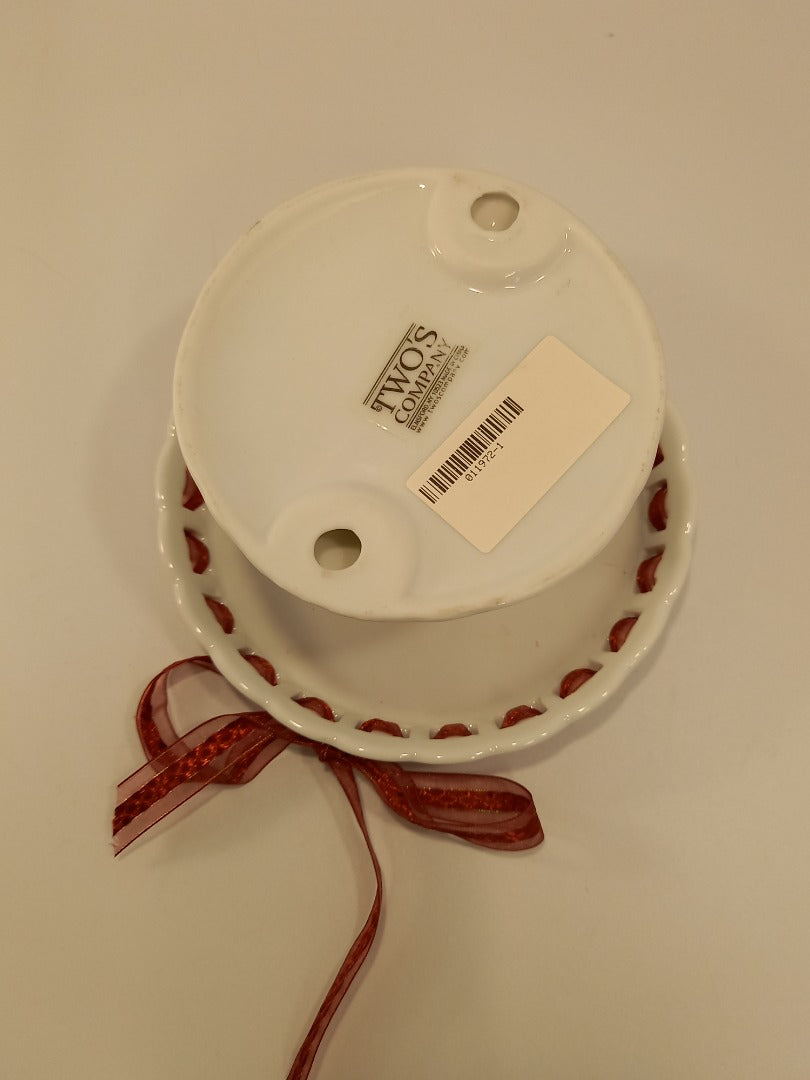 'Two's Company' Small White Cake Stand with Red Ribbon Detail 15cm