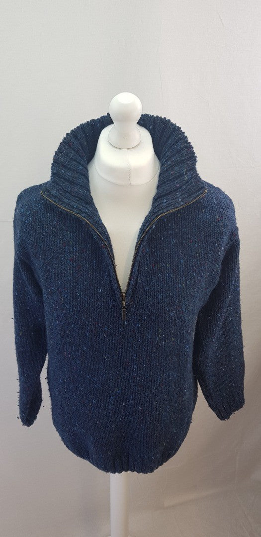 West End Ireland Blue Fleck 100% Wool Jumper 1/4 Zip Size L VGC