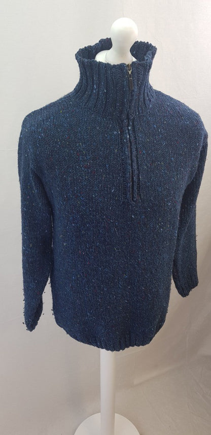 West End Ireland Blue Fleck 100% Wool Jumper 1/4 Zip Size L VGC