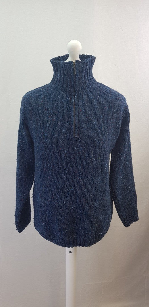 West End Ireland Blue Fleck 100% Wool Jumper 1/4 Zip Size L VGC