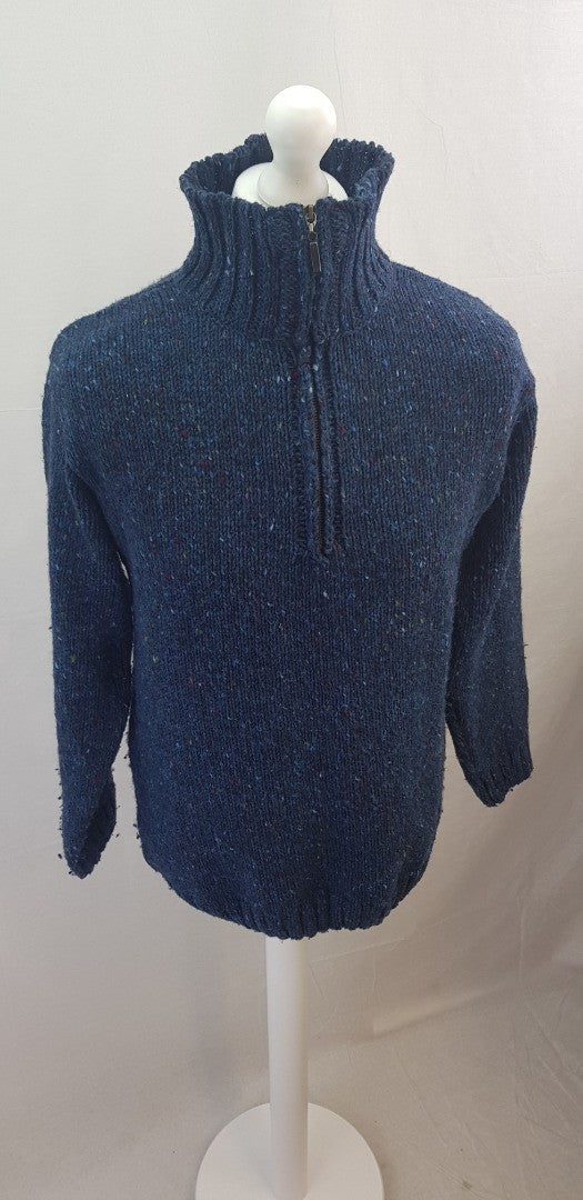 West End Ireland Blue Fleck 100% Wool Jumper 1/4 Zip Size L VGC