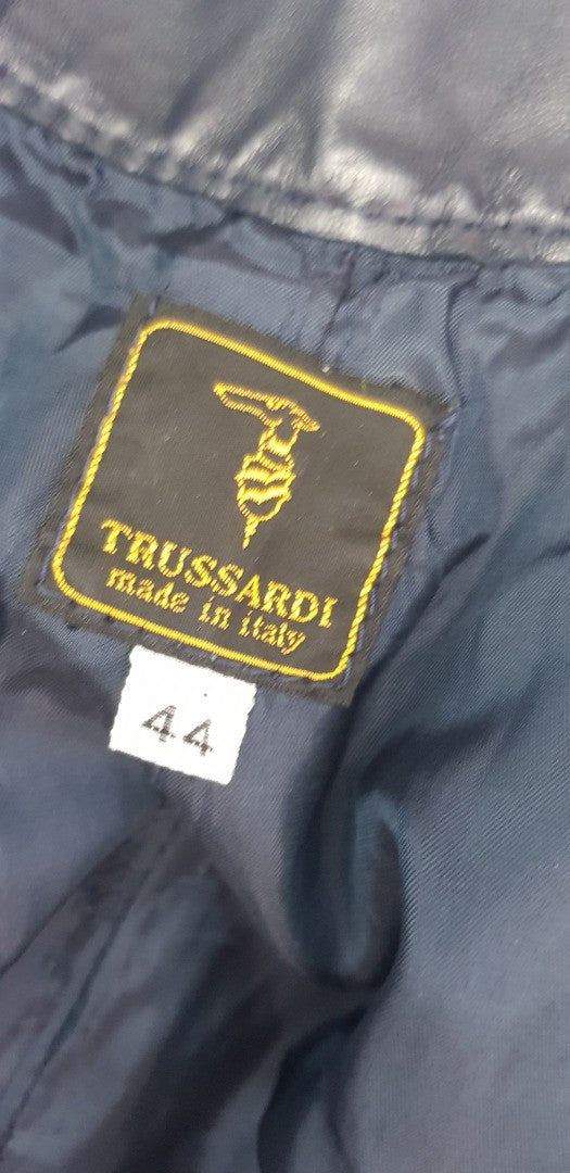 Trussardi Navy Leather Trousers Size 8/10 Euro 44 VGC