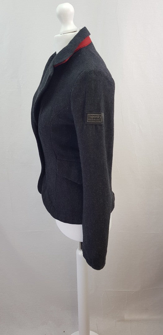 Superdry Charcoal Grey Tweed Wool Mix Jacket Size XS Nearly New