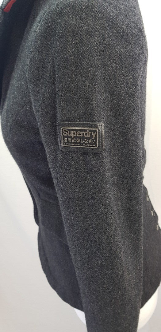 Superdry Charcoal Grey Tweed Wool Mix Jacket Size XS Nearly New