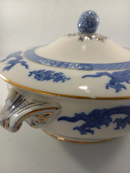 cauldon england blue and white lid serving bowl dragon