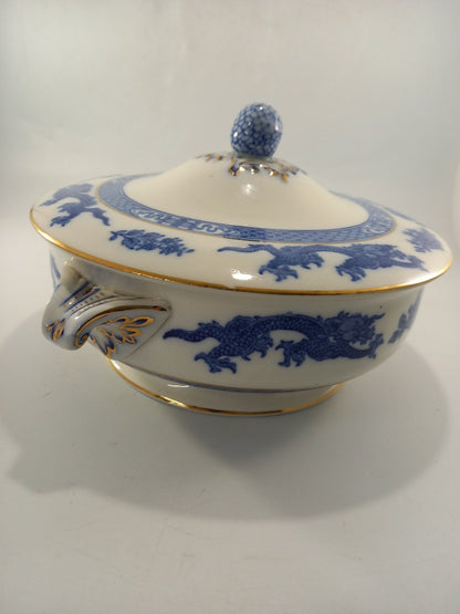 cauldon england blue and white lid serving bowl dragon