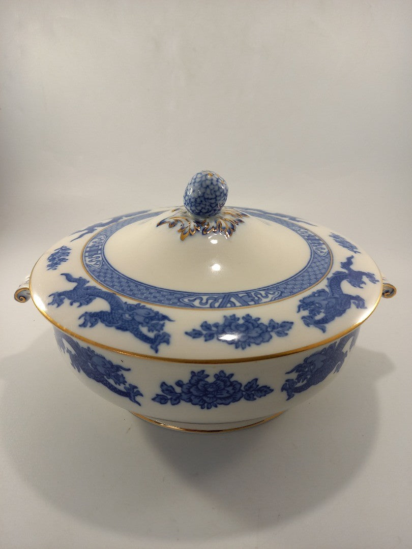 cauldon england blue and white lid serving bowl dragon