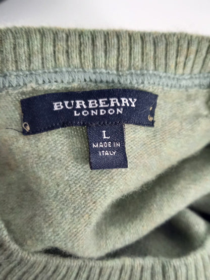 Burberry Sage Green Crew Neck Pure New Wool Knitted Jumper - Size Large