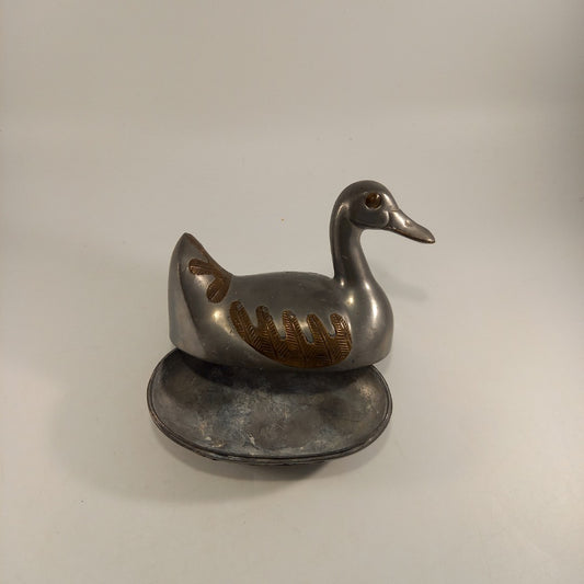 Pewter & Brass Trinket Duck Jewellery Box Decorative Mid-Century Vintage