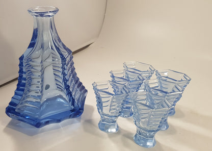 Art Deco Bohemian Blue Glass Decanter & Glasses IBS 1930's Set of 6 Excellent Condition