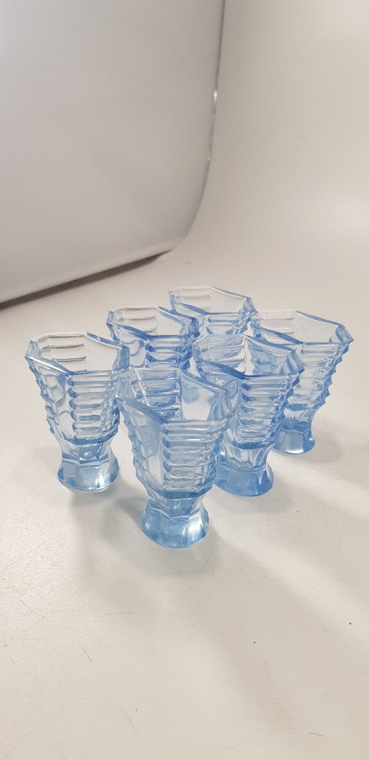 Art Deco Bohemian Blue Glass Decanter & Glasses IBS 1930's Set of 6 Excellent Condition