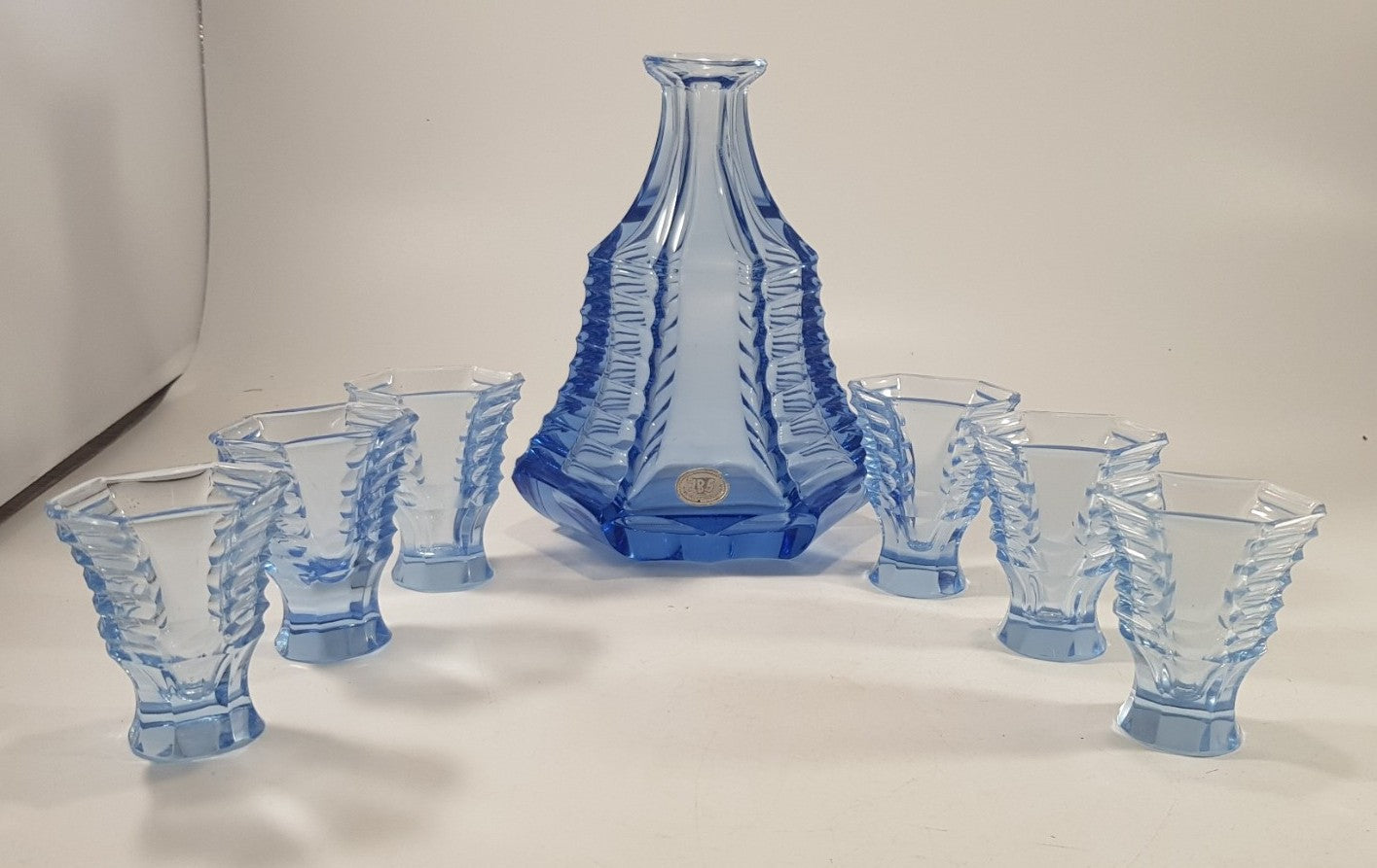 Art Deco Bohemian Blue Glass Decanter & Glasses IBS 1930's Set of 6 Excellent Condition