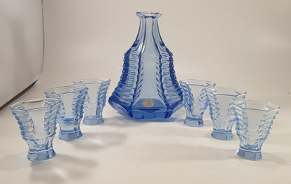 Art Deco Bohemian Blue Glass Decanter & Glasses IBS 1930's Set of 6 Excellent Condition