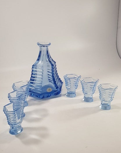 Art Deco Bohemian Blue Glass Decanter & Glasses IBS 1930's Set of 6 Excellent Condition