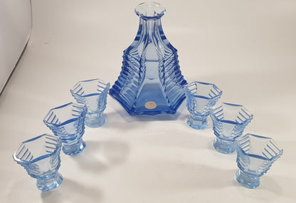 Art Deco Bohemian Blue Glass Decanter & Glasses IBS 1930's Set of 6 Excellent Condition